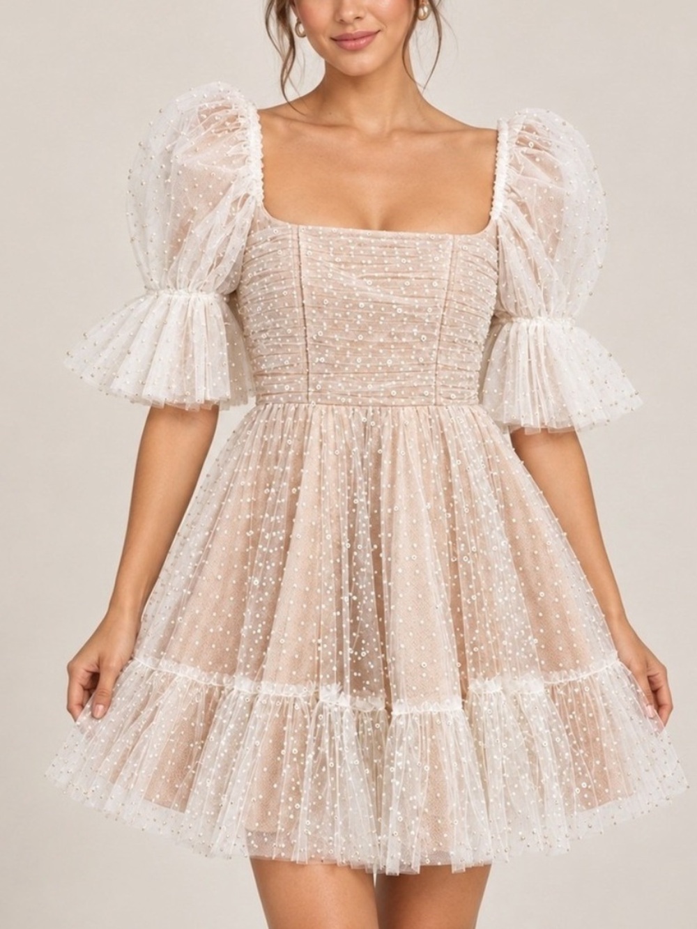 By Watters Macaron Flock Dotted And Pearl Embellished Mini Dress Ivory Size 8